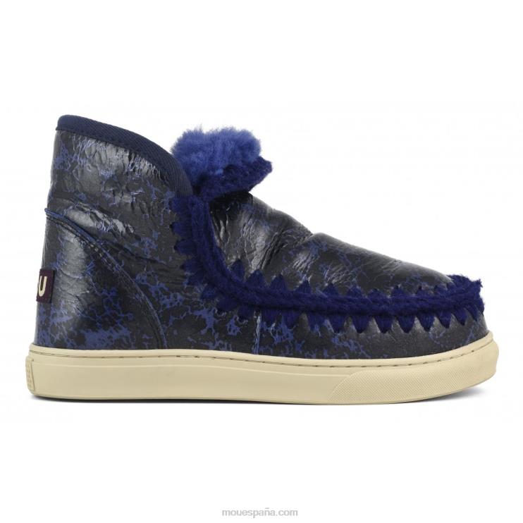 mujer zapatilla esquimal Mou NN6RX669 negro charol craquelado/sobre lana azul