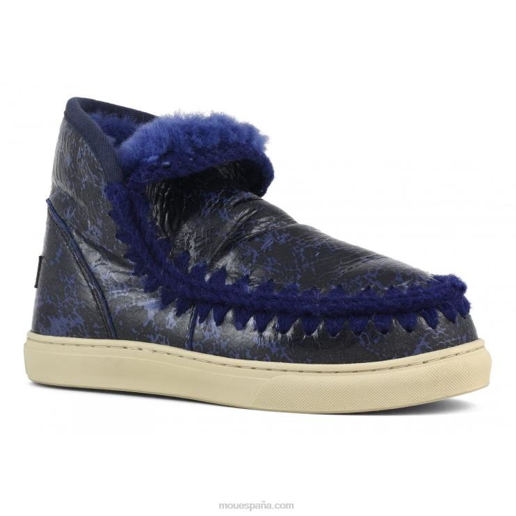 mujer zapatilla esquimal Mou NN6RX669 negro charol craquelado/sobre lana azul