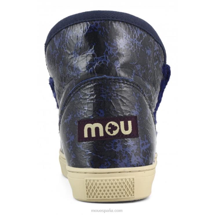 mujer zapatilla esquimal Mou NN6RX669 negro charol craquelado/sobre lana azul