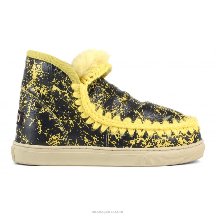 mujer zapatilla esquimal Mou NN6RX670 charol craquelado negro/sobre lana amarilla