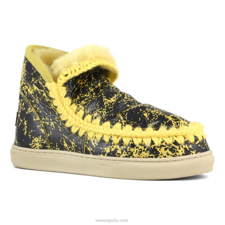 mujer zapatilla esquimal Mou NN6RX670 charol craquelado negro/sobre lana amarilla