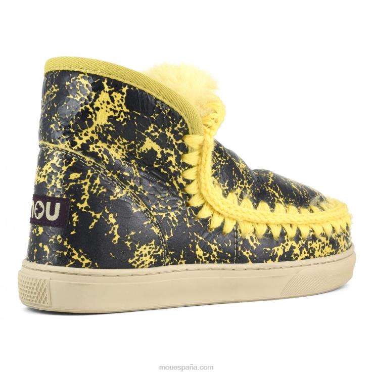 mujer zapatilla esquimal Mou NN6RX670 charol craquelado negro/sobre lana amarilla
