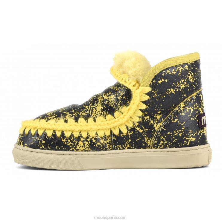 mujer zapatilla esquimal Mou NN6RX670 charol craquelado negro/sobre lana amarilla