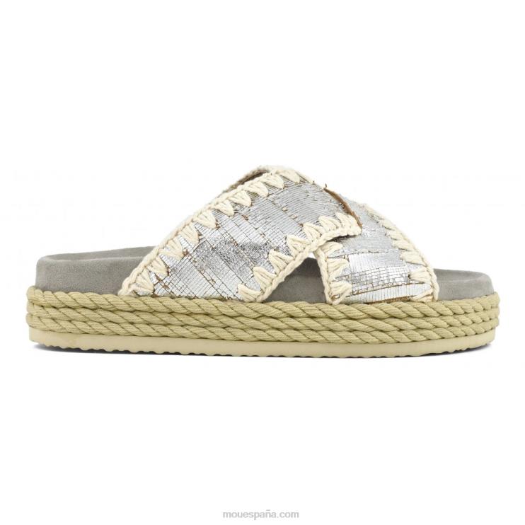 mujer sandalia bio de cuerda entrecruzada Mou NN6RX130 corta plata metalizada
