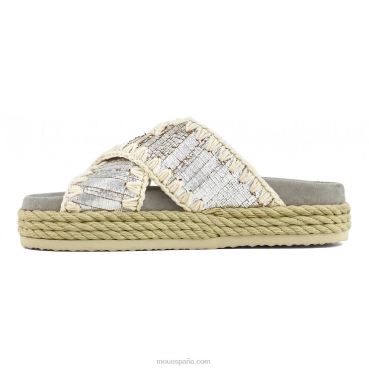 mujer sandalia bio de cuerda entrecruzada Mou NN6RX130 corta plata metalizada