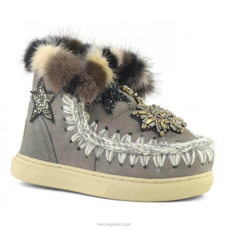 niños zapatillas esquimales con parches de estrellas y ribete de piel de visón Mou NN6RX804 nuevo gris